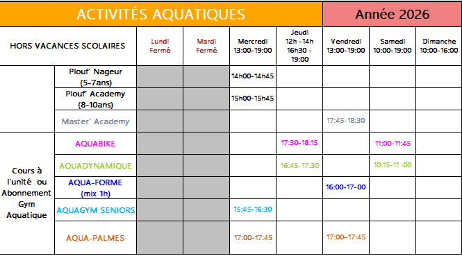 Planning piscine  hor vacances scolaires 26